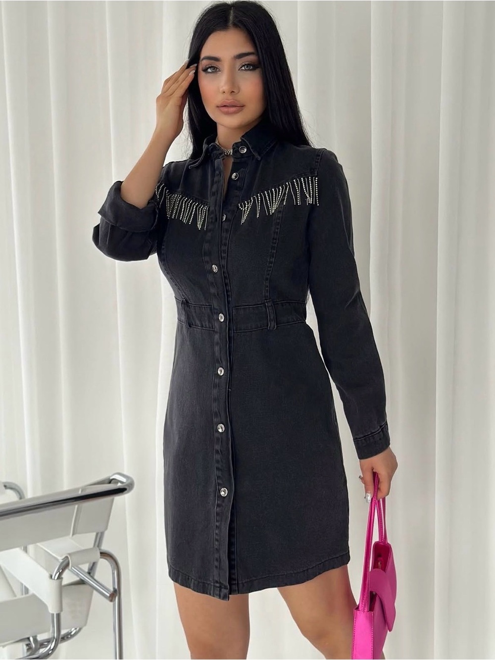 Rhinestone Fringe Black Button-Front Mini Dress